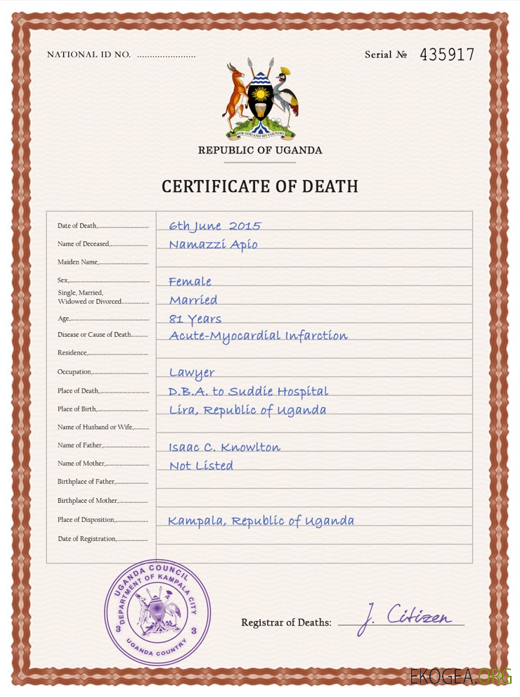 Modèle PSD de certificat de décès de l'état civil de l'Ouganda